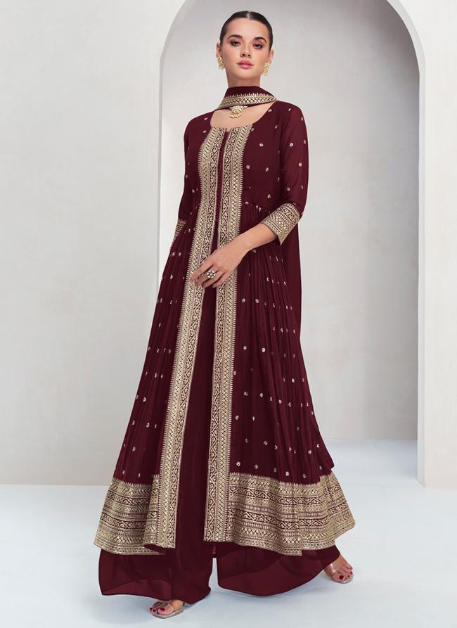 Real Georgette Maroon Wedding Wear Embroidery Work Readymade Plazzo Suit